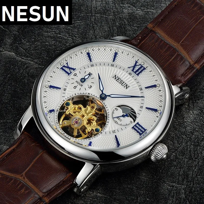 Relógio Masculino Automático de Couro - Nesun Turbilhão Esqueleto